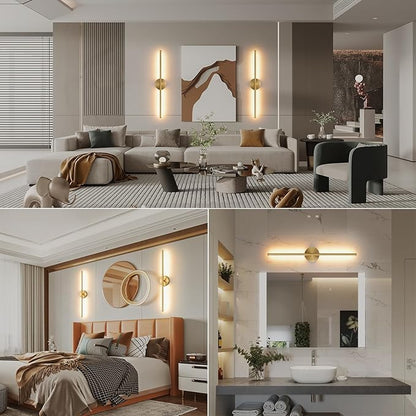 Wall Sconces Battery Operated Set of Two, Gold LED Wireless Wall Sconce with Remote Control 350° Rotate, 27.6 Inch Dimmable USB Rechargeable Wall Lights for Living Room Bedroom Hallway