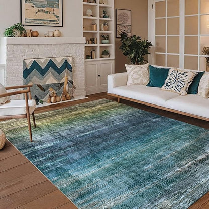 Kokia Abstract Area Rugs 8x10 Bedroom Soft Living Room Rugs Washable Distressed Vintage Comfy Blue Carpet with Non-Slip Backing for Farmhouse Home Office Room Decor, Oslo Teal