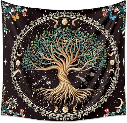 Moon Phase Tree of Life Tapestry Nature Flower Plant Butterfly Tapestries Boho Mandala Spiritual Tapestry Aesthetic Wall Hanging for Home Decor Bedroom Living Room Dorm Decor (59.06" x 78.74", Blue)