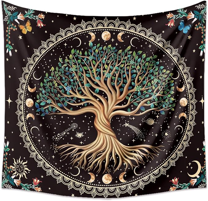 Moon Phase Tree of Life Tapestry Nature Flower Plant Butterfly Tapestries Boho Mandala Spiritual Tapestry Aesthetic Wall Hanging for Home Decor Bedroom Living Room Dorm Decor (51.18" x 59.06", Blue)