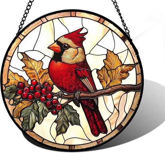 DASTOLL Stained Glass Window Hanging, Birds on a Branch Cardinal Sun Catchers Diamond Glass Panel Hangings Suncatcher Decor for Birthday for Women, Men, Wife, Aunt, and Mom 9.8X9.8IN