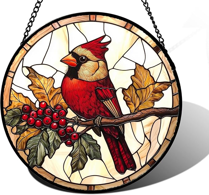 DASTOLL Stained Glass Window Hanging, Birds on a Branch Cardinal Sun Catchers Diamond Glass Panel Hangings Suncatcher Decor for Birthday for Women, Men, Wife, Aunt,and Mom 7.8X7.8IN