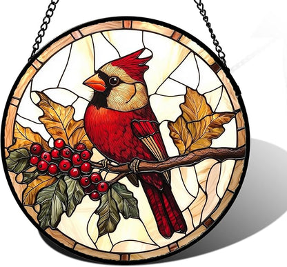 DASTOLL Stained Glass Window Hanging, Birds on a Branch Cardinal Sun Catchers Diamond Glass Panel Hangings Suncatcher Decor for Birthday for Women, Men, Wife, Aunt, and Mom 6.3 in