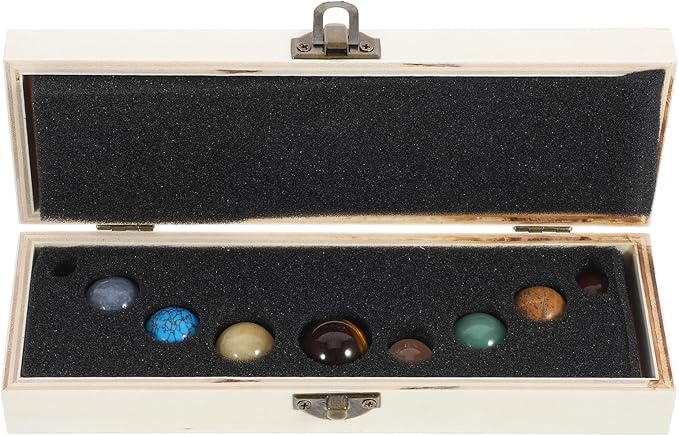 Garneck Mineral Nine Planets Solar System Decor Set with Natural Crystal Spheres, Round Planet Stones Desktop Adornments for Science Education and Home Display in Wooden Box