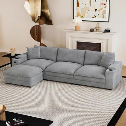 115" L Shaped Cloud Sofa Couch with Ottoman, Storage Armrest, Cup Holders, USB & Type-C Ports, Spring Cushions, Solid Wood Frame, Chenille Modular Sectional for Living Room (Light gray-L-115.2")
