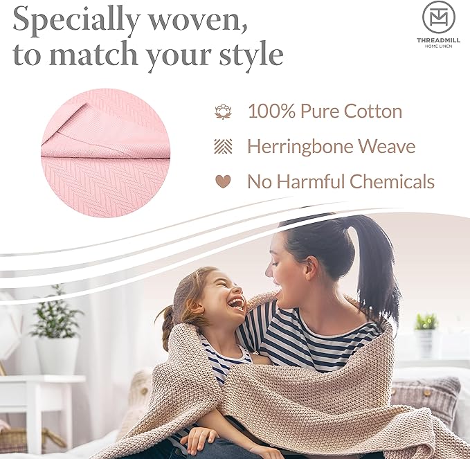 Threadmill Luxury Cotton Blankets for King Size Bed | All-Season Cozy 100% Cotton King Size Blanket | Herringbone Soft Fall Thermal Blanket fits Cal King Size Bed | English Rose