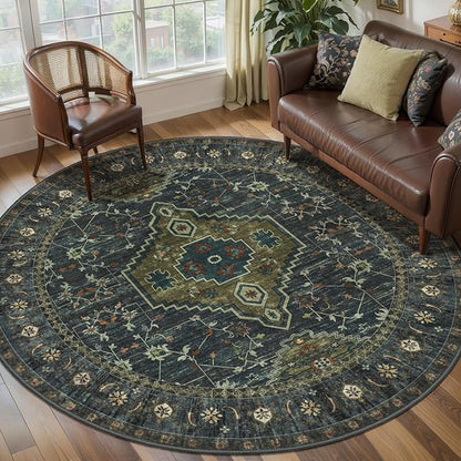 Tangsoo Green Round Rugs 4ft Washable Circle Rug, Non Slip Small Boho Round Area Rug, Oriental Low Pile Circular Rugs, Vintage Round Carpet for Living Room Bedroom,Entryway,Nursery,Dorm,Olive Green