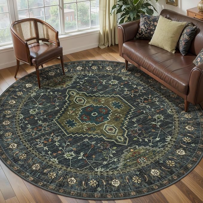 Tangsoo Green Round Rugs 5ft, Washable Circle Rug, Non Slip Boho Round Area Rug, Vintage Low Pile Circular Rugs, Round Carpet for Bedroom Living Room Nursery Dorm Office Olive Green