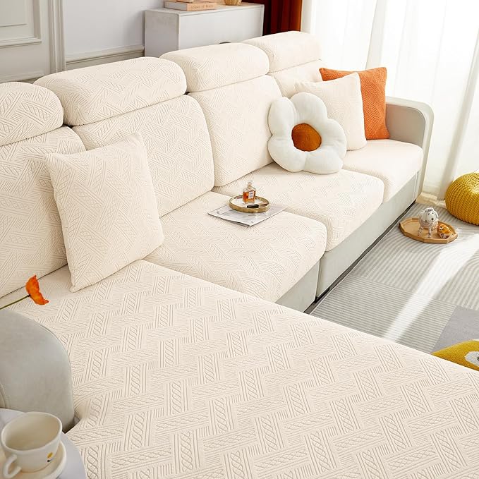 hyha Individual Couch Cushion Covers, Stretch Magic Sofa Seat Cushion Covers Washable, Dog Couch Sofa Slipcover for Pets, Kid with Elastic Bottom(Large, Beige)