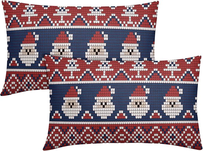 Dark Blue Red Christmas Lumbar Pillow Covers 12x20 Set of 2 Xmas Santa Tree Pattern Decorative Outdoor Farmhouse Pillowcases Decorations Winter Holiday Throw Cushion Cover Decor for Couch Sofa Bed