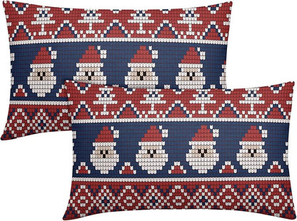 Dark Blue Red Christmas Lumbar Pillow Covers 12x20 Set of 2 Xmas Santa Tree Pattern Decorative Outdoor Farmhouse Pillowcases Decorations Winter Holiday Throw Cushion Cover Decor for Couch Sofa Bed