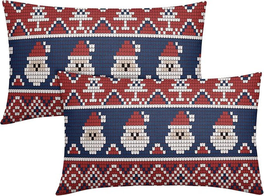 Dark Blue Red Christmas Lumbar Pillow Covers 12x20 Set of 2 Xmas Santa Tree Pattern Decorative Outdoor Farmhouse Pillowcases Decorations Winter Holiday Throw Cushion Cover Decor for Couch Sofa Bed
