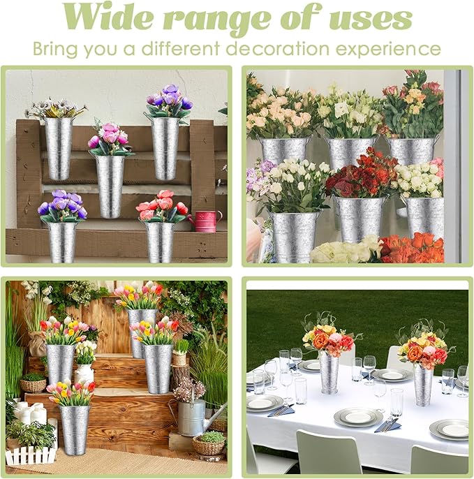 Chumia 8 Pcs Galvanized Flower Buckets Bulk 12.6 Inch and 9 Inch DIY Bouquet Bar Supplies Table Decor Vase Wedding Tall Metal French Cut Planter Rustic Vintage Centerpiece Farmhouse Florist