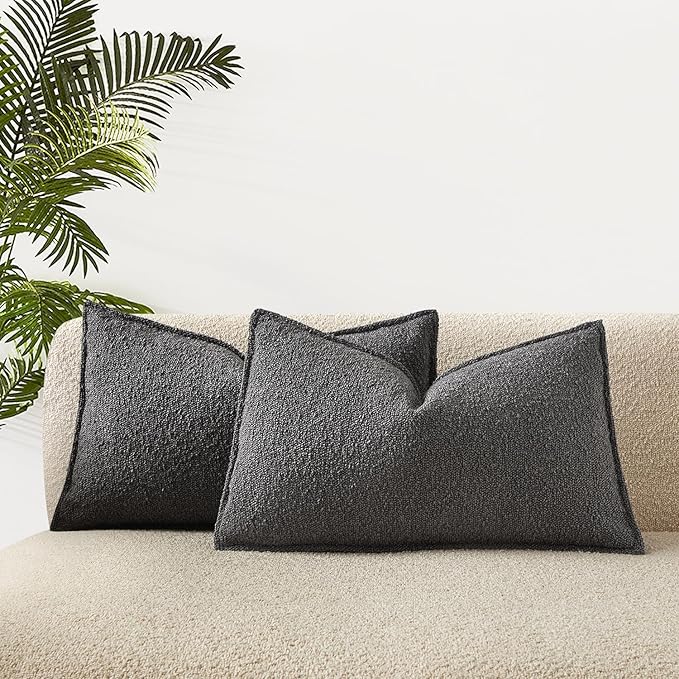 JUSPURBET 12x20 Pillow Covers Set of 2 Decorative Throw Pillow Covers Case for Couch Sofa Bed Soft Boucle Textured Lumbar Cushion Covers with Hidden Zipper for Home Decor Living Room,Dark Grey