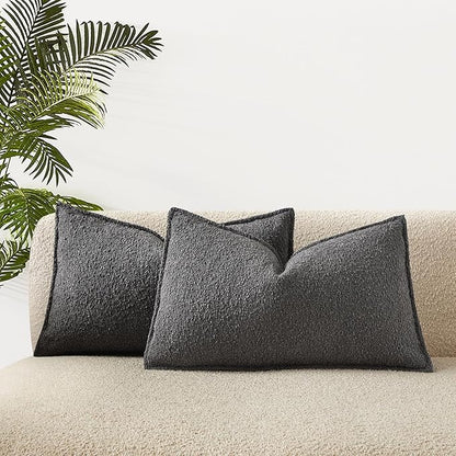 JUSPURBET 16x24 Pillow Covers Set of 2 Decorative Throw Pillow Covers Case for Couch Sofa Bed Soft Boucle Textured Lumbar Cushion Covers with Hidden Zipper for Home Decor Living Room,Dark Grey