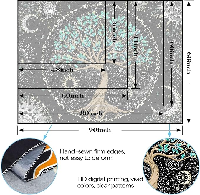 Rexful Tree of Life Tapestry Green Wall Art for Bedroom Spiritual Aesthetic Sun and Moon Tapestries Wall Hanging Decor (60''×44'')
