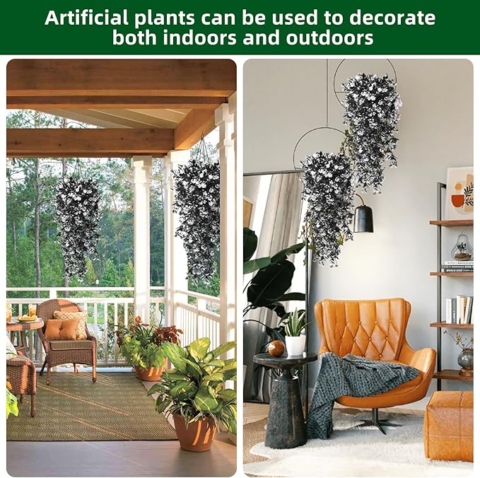 RECUTMS Realistic Artificial Black Hanging Plants Pack of 2 Faux Black Hanging Plant Outdoor Indoor with Lights LED Fairy String Rose Fake Hanging Flwers Decor for Office House (Black and White)