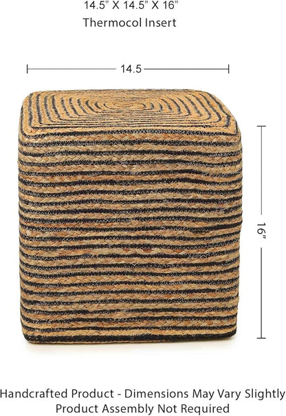 REDEARTH · Cube Pouf Foot Stool Ottoman - Jute Braided Pouffe Poof Accent Sitting Footrest for The Living Room, Bedroom, Nursery, Patio, Lounge 50% Jute 50% Cotton (14.5”X14.5”X16”; Natural Black)