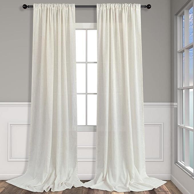 Pitalk 104 Inch Curtains Linen Sheer Drape for Living Room Custom Curtains 2 Panel Back Tab Pocket Pleated Modern Farmhouse Light Filtering Ceiling to Floor for Large Window 52 x 104 Long Ivory Cream