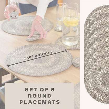 Homespice Grey Cloud Jute Woven Round Placemats Set of 6, 15", Warm Country Decor, Grey Table Mats - Vibrant Colors, Durable, Easy to Clean and Protects Furniture