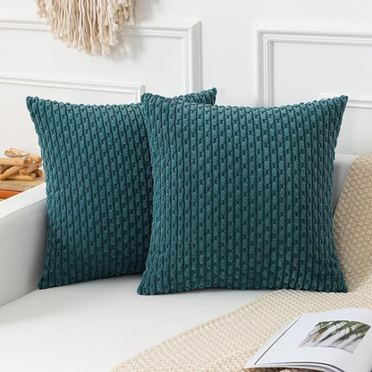 Kevin Textile Throw Pillow Covers Soft Corduroy Decorative Set of 2 Boho Striped Pillow Covers Pillowcases Farmhouse Home Decor for Couch Bed Sofa Living Room 16x16 Inch Teal Blue