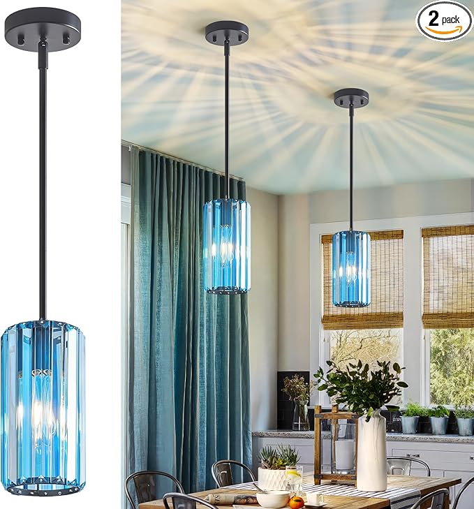 Modern Crystal Pendant Light Mini Light Blue Chandeliers Adjustable Pendant Lights Fixture for Kitchen Island Dinning Room Corridor Bedroom(Light Blue 2-Pack)