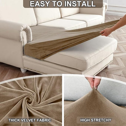 NAISI Waterproof Couch Cushion Covers Thick Velvet Fabric Washable Sofa Slipcovers 1 Piece Individual Sectional Couch Covers with Elastic Bottom(1 PC for Chaise Lounge,Sand)