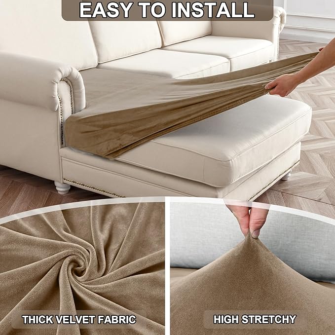 NAISI Waterproof Couch Cushion Covers Thick Velvet Fabric Washable Sofa Slipcovers 1 Piece Individual Sectional Couch Covers with Elastic Bottom(1 PC for Seat Cushion or Backrest,Sand)