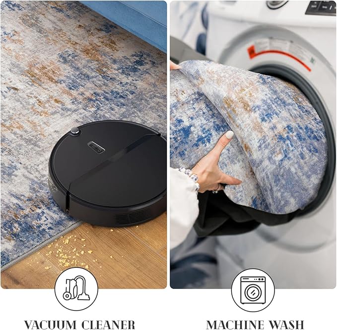 Modern Abstract Hallway Runner Rug, Grey Blue Orange Multi 2x8 Runner Rug, Washable Kitchen Runner Non-Slip Soft Thin Print Faux Wool Carpet for Entryway Bedroom Laundry Room Indoor