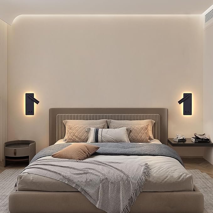 Wall Mounted Reading Light Set of 2, LED Headboard Reading Lamp with 3 Dimming，Bedside Wall Lamps with Plug in Cord, 350° Rotation Sconces Wall Lighting, 3W Spotlight+6W Backlight (Black)