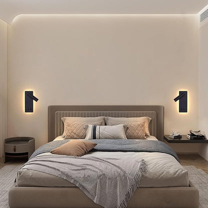 Wall Mounted Reading Light Set of 2, LED Headboard Reading Lamp with 3 Dimming，Bedside Wall Lamps with Plug in Cord, 350° Rotation Sconces Wall Lighting, 3W Spotlight+6W Backlight (Black)