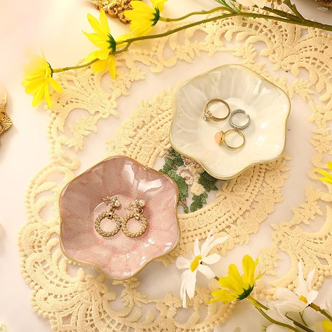8 Pcs Ceramic Trinket Dish Lotus Leaf Jewelry Tray Small Ring Dish for Earrings, Rings, Jewelry Holder, Key Bowl(White,Pink)