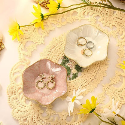 8 Pcs Ceramic Trinket Dish Lotus Leaf Jewelry Tray Small Ring Dish for Earrings, Rings, Jewelry Holder, Key Bowl(White,Pink)