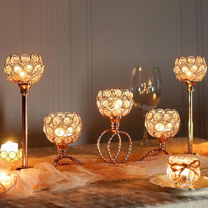 Gold 5 Arm Metal Crystal Tea Light Candle Holder, Elegant Wedding Table Centerpiece, Christmas Wishing Bowl Candle Holder