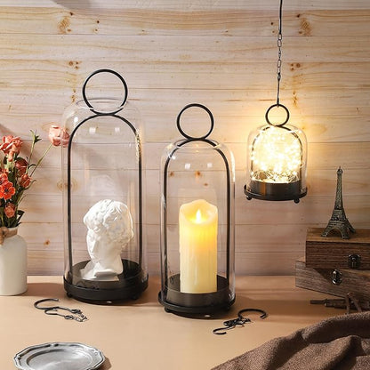 20" High Versatile Modern Metal Hurricane Lantern with Handmade Sturdy Glass Dome in Black for Pillar Candle & Plants, Industrial, Farmhouse, Shabby Chic (Black, 7.5"x20")