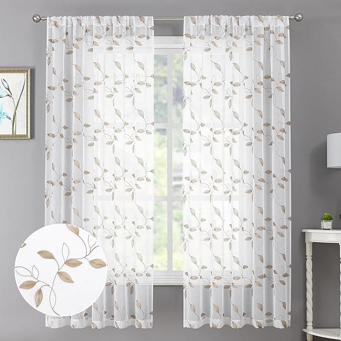 Tollpiz Taupe Leaf Sheer Curtain Leaves Embroidered Living Room Short Curtains Rod Pocket Voile Window Treatment for Bedroom, 54 x 54 inches Long, Set of 2 Panels
