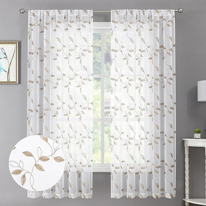 Tollpiz Taupe Leaf Sheer Curtains Leaves Embroidered Living Room Curtain Rod Pocket Voile Window Treatments for Bedroom, 54 x 63 inches Long, Set of 2 Panels