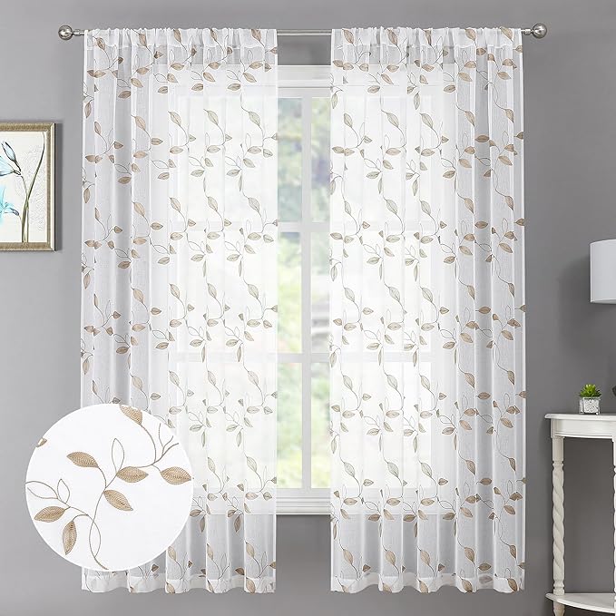 Tollpiz Taupe Leaf Sheer Curtain Leaves Embroidered Bedroom Short Curtains Rod Pocket Voile Window Treatments for Living Room, 38 x 45 inches Long, Set of 2 Panels