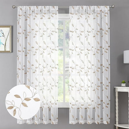 Tollpiz Taupe Leaf Sheer Curtain Leaves Embroidered Bedroom Short Curtains Rod Pocket Voile Window Treatments for Living Room, 38 x 45 inches Long, Set of 2 Panels