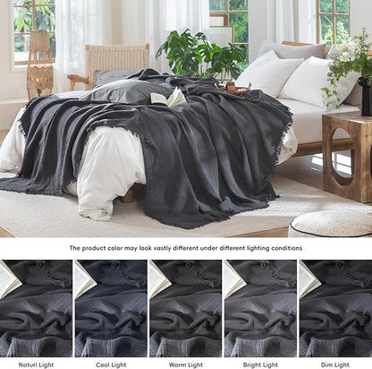 MooMee Muslin Blanket - 100% Cotton 4-Layer Gauze Throw Blanket with All-Around Fringe, Ultra-Soft Breathable Lightweight Cooling Decorative for Bed, Sofa & Couch (Dark Grey,Throw 60" x 50")