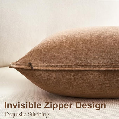 Neutral Brown Linen Pillow Covers Pack of 4 Decorative Natural Solid Throw Pillow Covers Soft Accent Boho Farmhouse Couch Pillowcases Modern Home Decors for Living Room Bed Sofa 18x18 Inch
