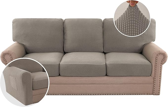 H.VERSAILTEX Multi-Pieces Sofa Covers Stretch Couch Covers Form Fitted Seats and Back Cushions Covers (3 Seat Covers Plus 3 Back Cusion Covers, Bonus 2 Armrest Covers), Taupe