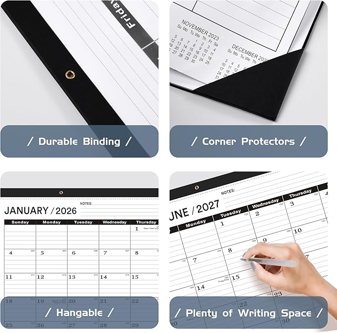 Desk Calendar 2026(January 2026 - June 2027)，2026 Desk Calendar Large 22 x17，2026 Calendar,Classic Black,Large Calendar 2026-2027 with Plastic Cover