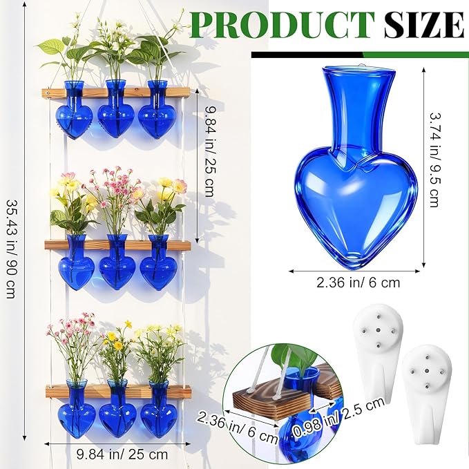 Leinuosen Wall Hanging Plant Propagation Stations 3 Tiered Planter Terrarium with Wooden Stand Home Decor Valentines Gifts for Her Hydroponics Plant Lovers - 9 Glass Vases(Heart Shaped,Blue)