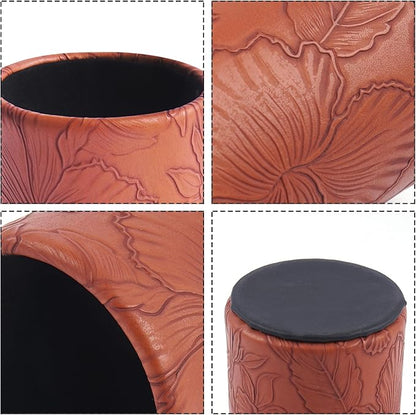 PU Leather Pen Holder Round Flash Makeup Brush Holder Desktop Pencil Storage Holder Gift for Desk Office Classroom Home(1-Carved Brown)