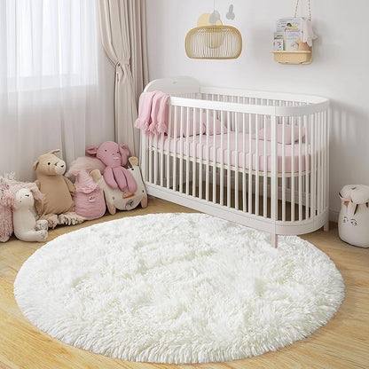 Round Fluffy Rugs 6Ft for Girls Bedroom, Cream White Shag Circle Kids Rug Non-Slip for Bedside Dorm Nursery Playroom, Soft Cute Area Rugs for Living Room Decor