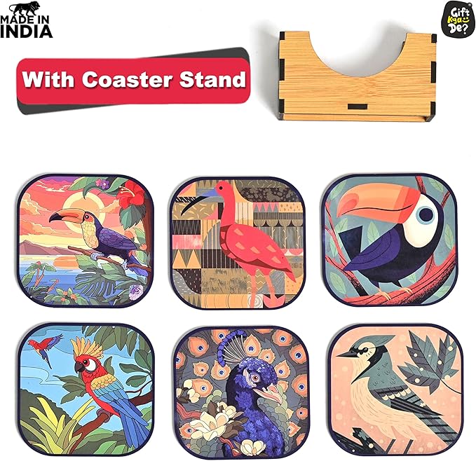 GKD Wooden Coasters for Drinks, MDF Coasters Set of 6 with Holder, Bird Design, 3.8 inches Eco-Friendly Absorbent Coaster for Coffee Table, Bar, Drinking Glasses, Tabletop Protection