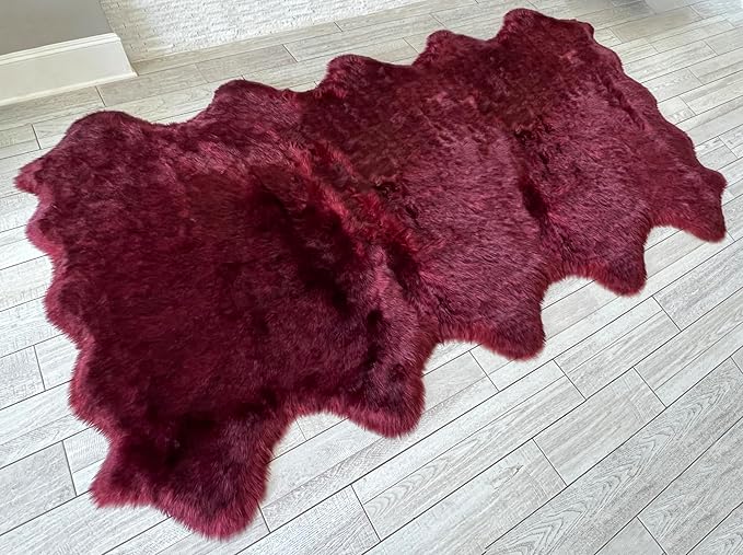Free Shape Luxury Soft Fluffy Shag Area Rug Decto 10 Pelts 6'x10', 180x300cm - Vegan Fur Ultra Soft Indoor Carpet Nursery Rugs for Bedroom Home Decor, Burgundy
