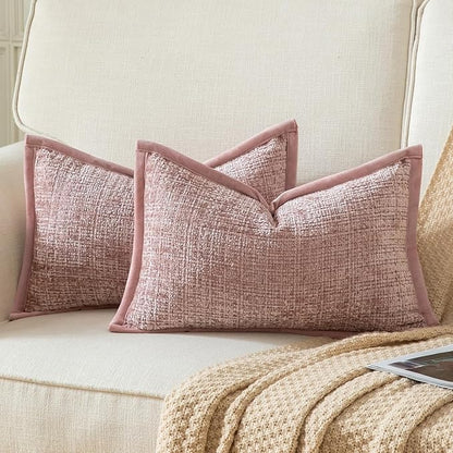 Yaertun Pack of 2 Chenille Textured Decorative Throw Pillow Covers Accent Solid Cushion Cover Soft Cozy Pillow Case with Velvet Back for Couch Sofa Bed Living Room 16x24 Inch Dusty Pink
