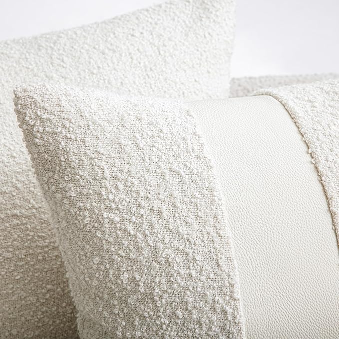 24"x24" White Boucle Pillow Covers with Faux Leather Accents Set of 2 Fluffy Textured Decorative Throw Pillow Cases for Couch Bed Boho Farmhouse Square Cushion Covers for Home Décor